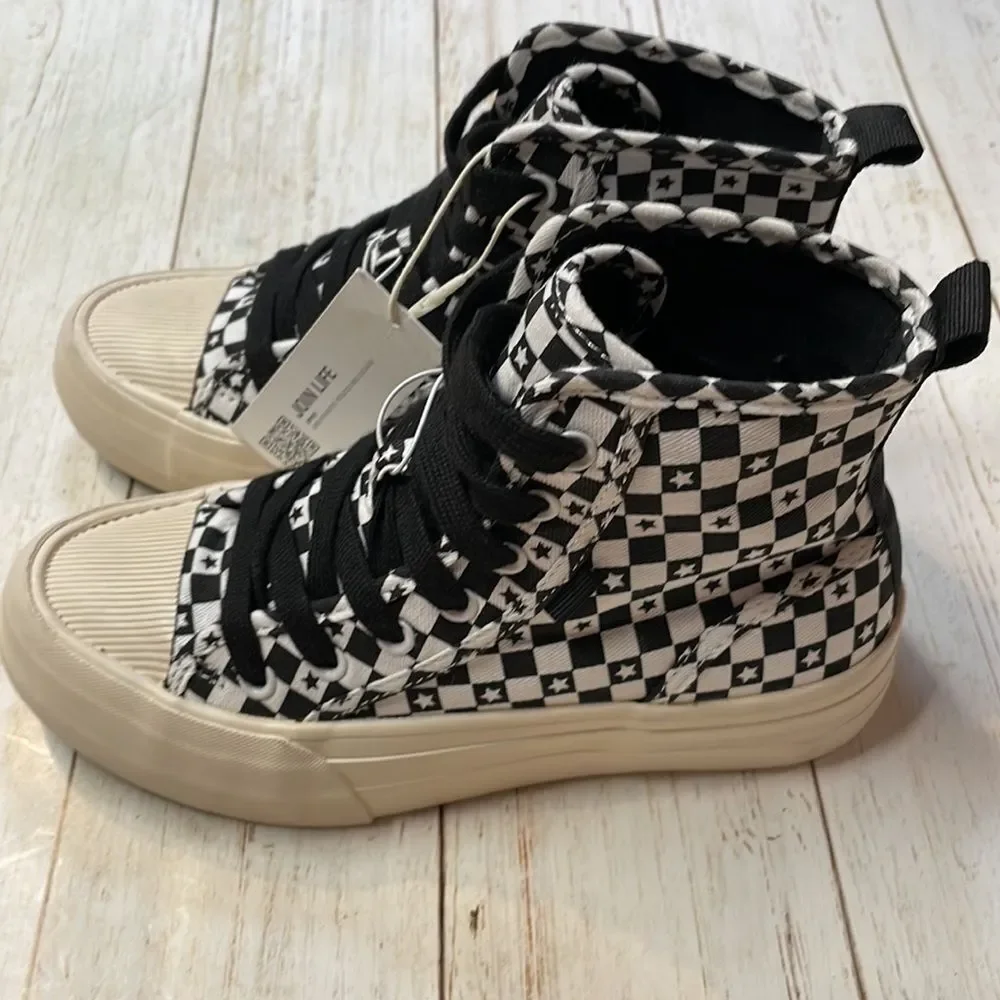 Zara Kids Checkerboard High Top Sneakers Star Print Canvas Size 2.5